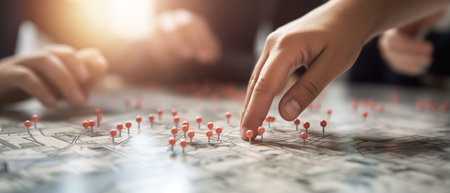 A hand points at a map covered with pins, representing planning and navigation of a journey or...
