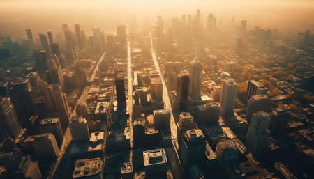 An aerial view of a city at sunrise, with skyscrapers reaching towards the golden light. The cityscape stretches out beneath a hazy sky, showcasing the urban sprawl and the bustling life below.の写真素材