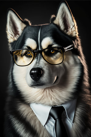A husky dog wearing glasses and a suit, with a serious expressionの写真素材
