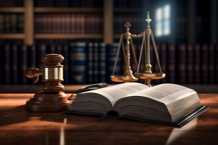 An image showing the symbols of justice on a wooden table. A gavel, a book, and a scale of justice....