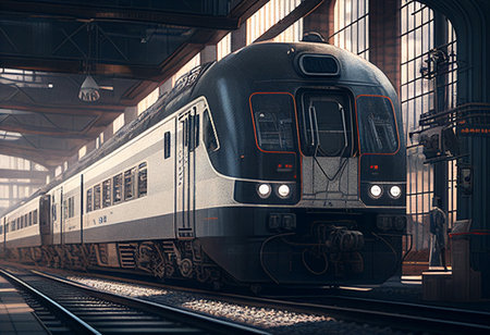 A modern passenger train stands at a station platform, its sleek design and powerful engine evoke a...