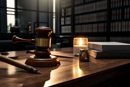 A wooden gavel rests on a wooden table, with a candle and books in the background.