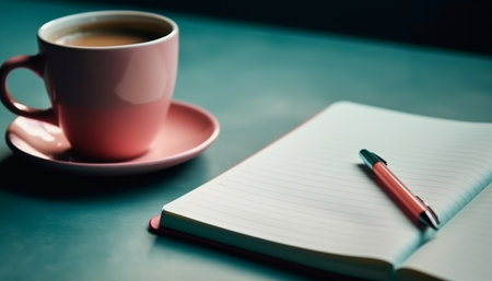 A cup of coffee and a notebook with a pen on a teal table.