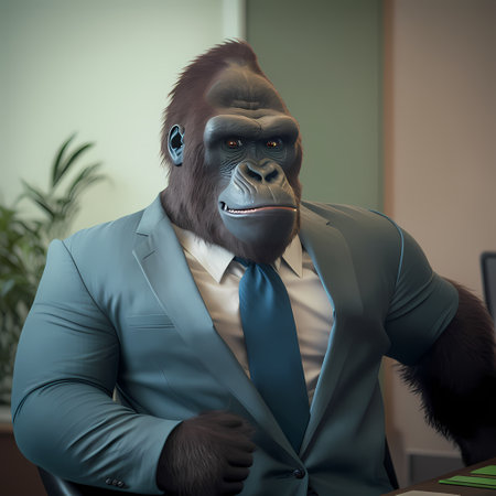 A gorilla sitting in a suit and tie, giving off a serious and powerful presence. It appears to be in...