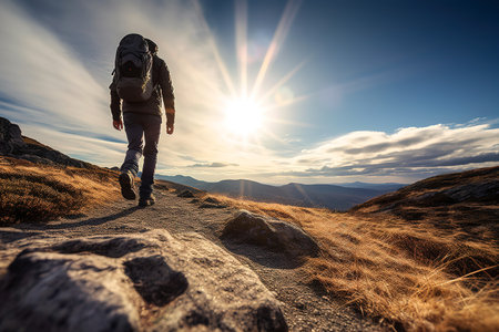 A lone hiker walks a mountain trail towards a beautiful sunset. The hiker has a backpack on and is wearing casual clothing. The sun is shining bright in the background, creating a warm glow on the mountainside.の写真素材