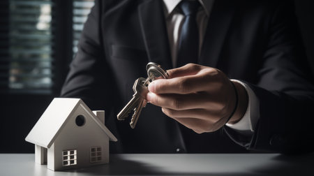 A man in a suit holds a set of keys in his hand, with a small model house sitting on the table in front of him.の写真素材
