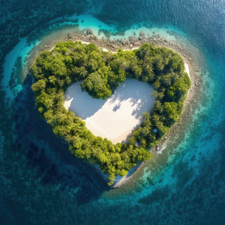 Aerial view of a heart shaped island in the middle of the ocean.の写真素材
