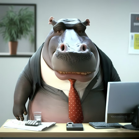 A cartoon hippopotamus wearing a suit and tie sitting at a desk in an office.の写真素材