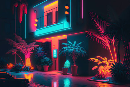 A colorful and vibrant image of a futuristic city at night, featuring neon lights, palm trees, and a building.の写真素材
