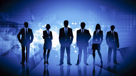 Silhouettes of a business team standing together representing success, teamwork and a shared vision.の写真素材