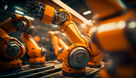 A close-up view of industrial robots working in a factory setting. The yellow robotic arms are intricately and powerful, showing the advancements in automation and manufacturing.の写真素材