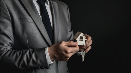 A real estate agent holds keys to a small house model, representing the promise of homeownership and real estate success.の写真素材