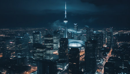 An aerial view of a city at night, showing a cityscape with skyscrapers and illuminated buildings.