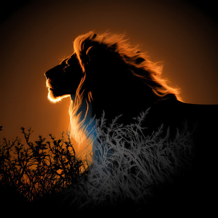 A majestic lion silhouette stands against a warm sunset, showing its powerful presence and the beauty of nature.の写真素材