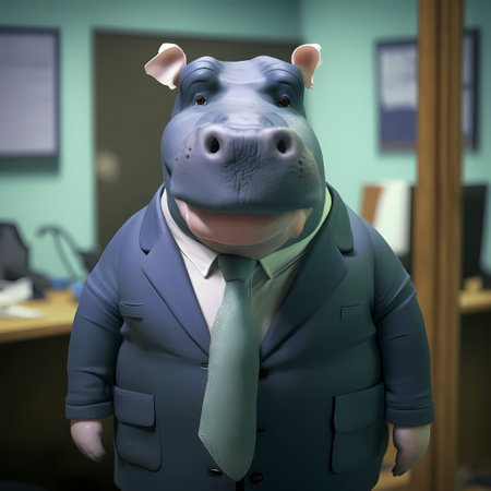 A cartoon hippo wearing a blue suit and a tie in an office settingの写真素材