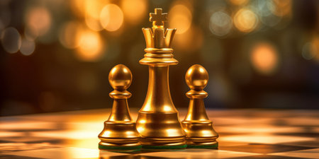 Three gold chess pieces, a king and two pawns stand on a chessboard with an out of focus backgroundの写真素材