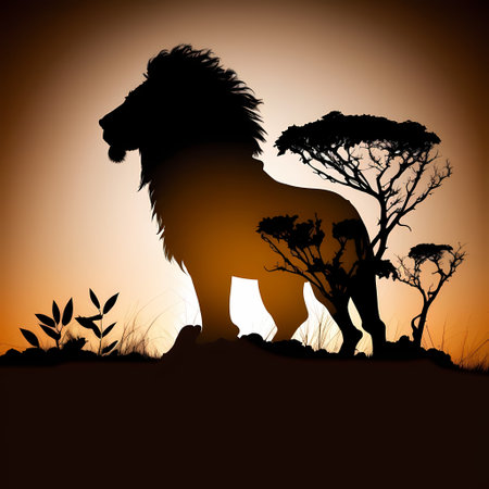 A dramatic silhouette of a lion standing tall against the backdrop of a vibrant sunset. The lion's imposing presence, set amidst the serene beauty of the African savanna, creates a captivating visual of power and nature.の写真素材