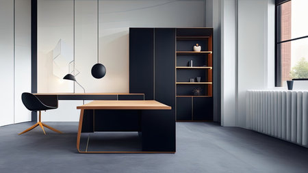 A minimalist modern office space with a sleek desk, comfortable chair and stylish lighting.