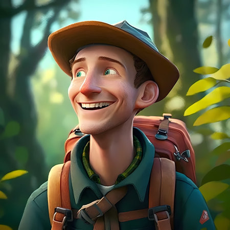 A man with a backpack is hiking through the forest. He is smiling and looks happy. He is wearing a hat and a green shirt and carries a backpack with brown straps.の写真素材