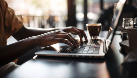 A close-up shot of a person's hands typing on a laptop in a cafe setting. The image focuses on the hands and the laptop keyboard, suggesting productivity and work.の写真素材