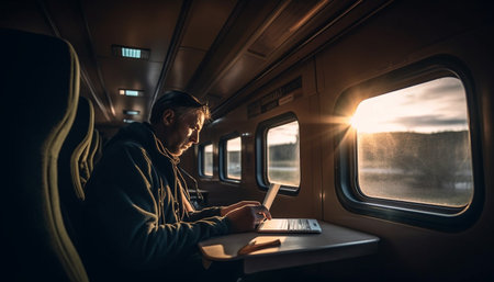 A man sits in a train, working on his laptop with a bright sunset shining through the window behind...