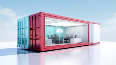 Modern office space built inside a shipping container, a sustainable and innovative design for a...