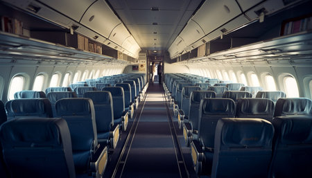 An empty airplane cabin interior with rows of seats, an aisle, and overhead compartments. The windows are visible, and the overall atmosphere is one of anticipation and travel.の写真素材