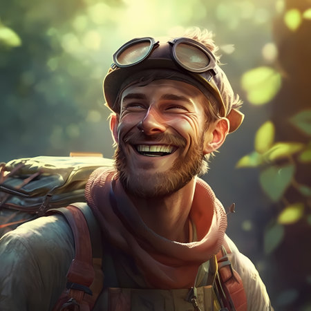 A portrait of a happy adventurer smiling outdoors. He is wearing a backpack and a cap.の写真素材