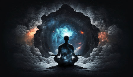 A meditating man in silhouette against a backdrop of a vast, cosmic universe, symbolizing spiritual connection and enlightenment.の写真素材
