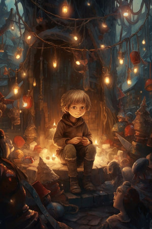 A young boy sits by a glowing tree in a magical, enchanting forest. Surrounded by fantastical creatures and glowing lights, he seems lost in thought or contemplation. The scene evokes a sense of wonder and imagination.の写真素材