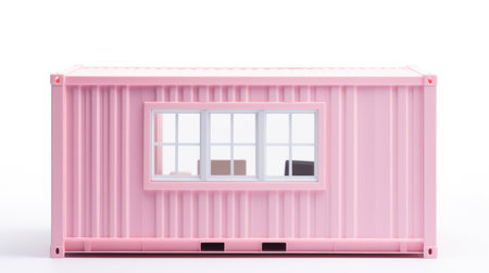 Pink shipping container turned into a modern house. The container has a single window and is...