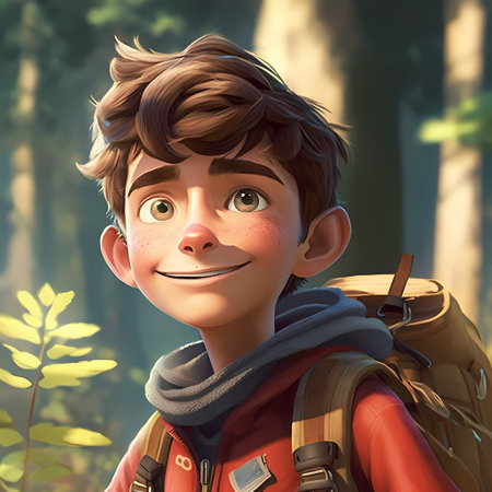 A young boy with a backpack, smiling happily in a forest setting. He is wearing a red jacket and a blue scarf.の写真素材