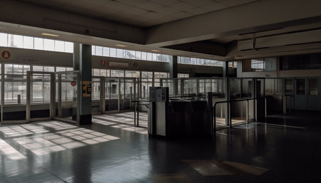 A photo of an empty airport terminal, the gates are closed and the waiting area is deserted. The...