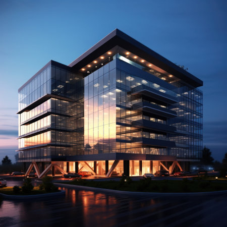 A modern office building with glass facade illuminated at dusk