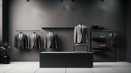 Minimalist interior of a men's suit store with suits hanging on racks and displayed on mannequins.の写真素材