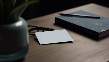 Close up shot of a blank note card on a table with a notebook, glasses, and a plant in the background.の写真素材