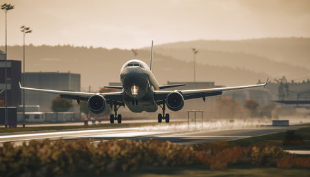 A commercial airplane takes off from an airport runway, with the sunset in the background.