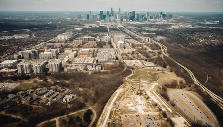 An aerial view of a cityscape with a highway and a park, showcasing the urban sprawl and the natural...