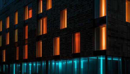 A modern building's facade illuminated at night with warm orange and cool blue lights, creating a...