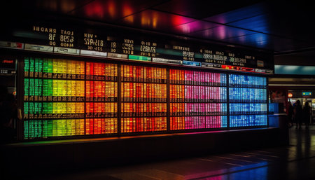 A close-up of a colorful digital display wall in an urban environment. The wall is covered in...