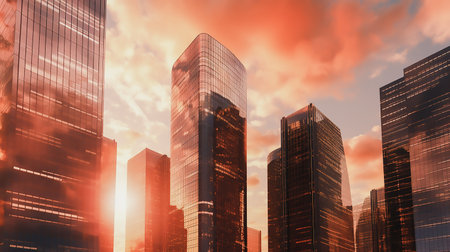 A stunning cityscape during sunset with tall skyscrapers reflecting the golden light.の写真素材