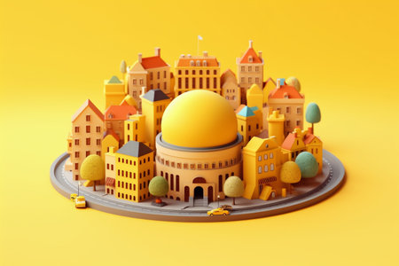 A 3D rendering of a miniature city with vibrant yellow buildings, showcasing minimalist architecture...