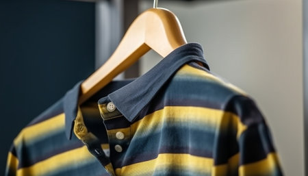 Close-up of a striped polo shirt hanging on a wooden hanger, showing its intricate pattern and casual style.の写真素材