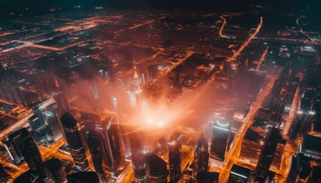 An aerial view of Dubai city at night. The image captures the bright lights of the city,...