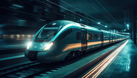 A sleek, modern high-speed train races through the city at night, leaving a blur of light trails behind it.の写真素材
