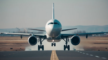 A white airplane is taking off from the runway, with a blue sky and white clouds in the background.の写真素材