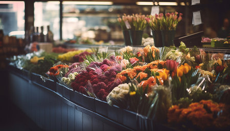 A close-up view of a vibrant display of flowers in a market. The flowers are arranged in different colors and types, creating a beautiful and colorful scene.の写真素材