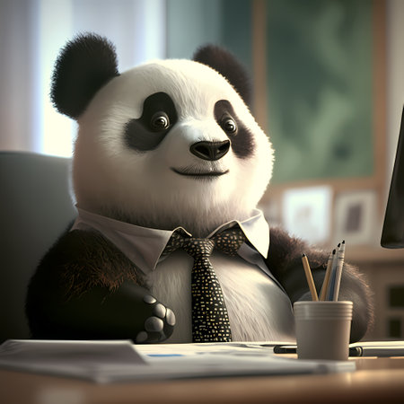 A panda wearing a suit and tie sits at a desk in an office setting. The panda is looking at the computer screen with a smile on its face. The image is cute and whimsical, depicting a humorous situation of a panda in a professional environment.の写真素材