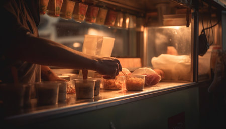A worker at a food stall prepares orders for customers. The worker's hand is visible as they scoop food into containers.の写真素材