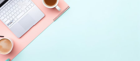 Top view of a laptop, two cups of coffee, and a notebook on a desk. The desk is split into a pink and a blue side.の写真素材